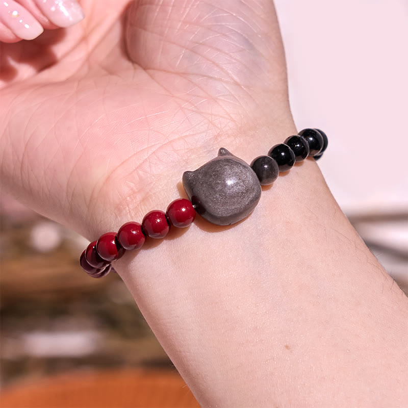 Wear FengShui Black Obsidian Cinnabar Silver Sheen Obsidian Cat Fulfilment Bracelet
