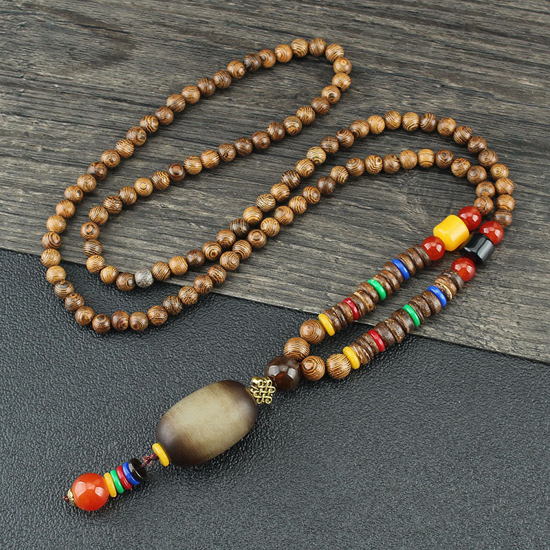 Wear FengShui Tibetan Wenge Wood Bodhi Seed Agate Balance Peace Necklace Pendant