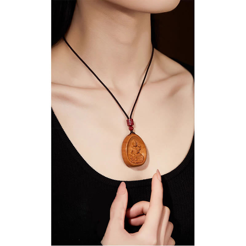 Wear FengShui Peach Wood Cinnabar Om Mani Padme Hum Chinese Zodiac Black String Necklace Pendants