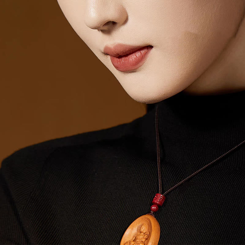 Wear FengShui Peach Wood Cinnabar Om Mani Padme Hum Chinese Zodiac Black String Necklace Pendants