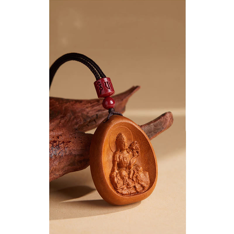 Wear FengShui Peach Wood Cinnabar Om Mani Padme Hum Chinese Zodiac Black String Necklace Pendants