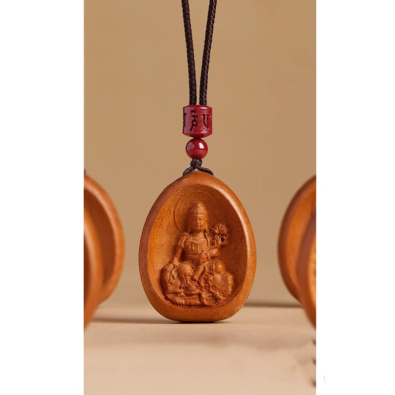 Wear FengShui Peach Wood Cinnabar Om Mani Padme Hum Chinese Zodiac Black String Necklace Pendants