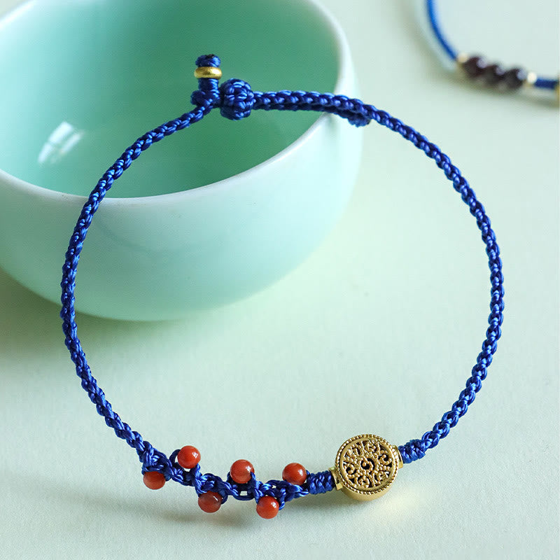 Wear FengShui Klein Blue String South Red Agate Garnet Copper Flower Power Bracelet
