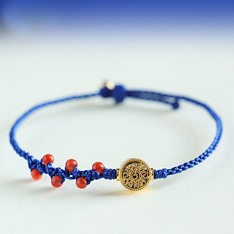 Wear FengShui Klein Blue String South Red Agate Garnet Copper Flower Power Bracelet