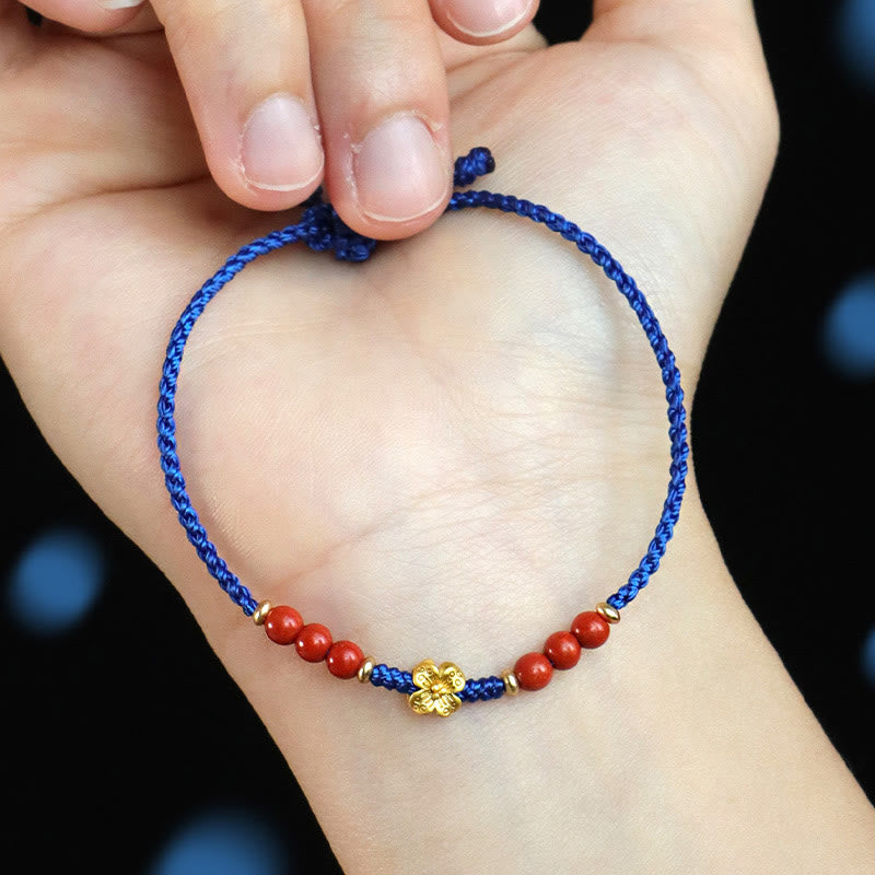 Wear FengShui Klein Blue String South Red Agate Garnet Copper Flower Power Bracelet