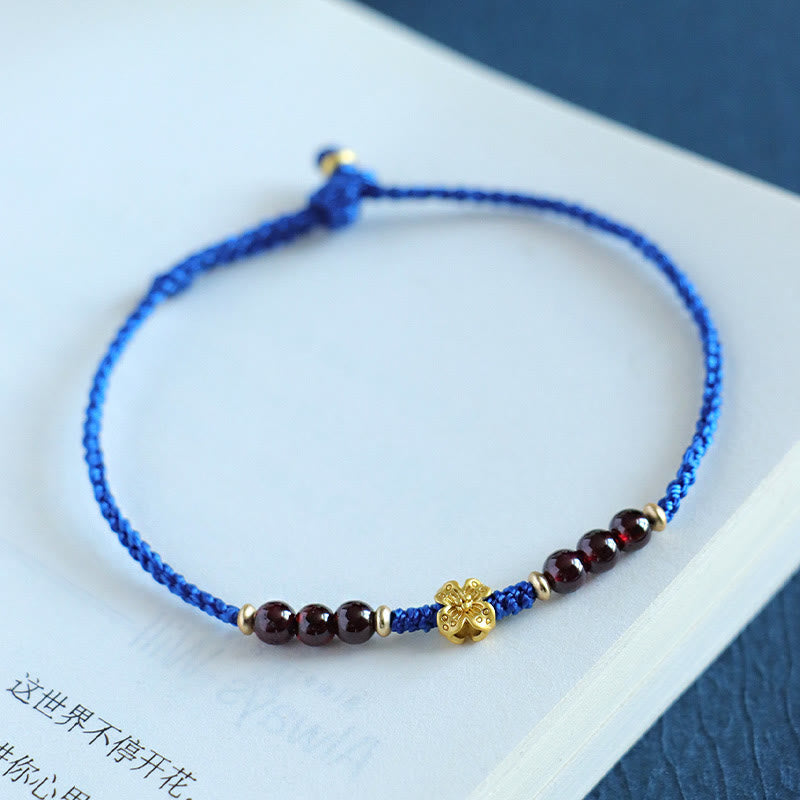 Wear FengShui Klein Blue String South Red Agate Garnet Copper Flower Power Bracelet