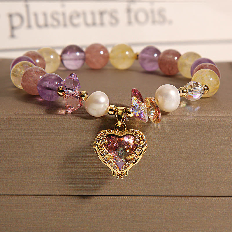 Wear FengShui Red Tiger Eye Citrine Amethyst Heart Calm Bracelet