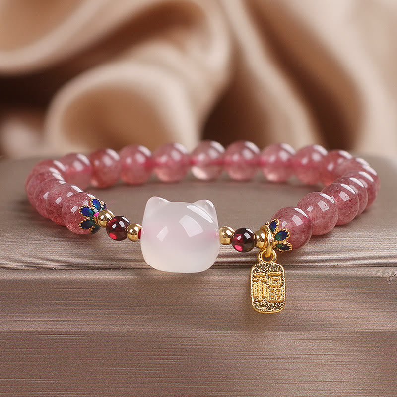 Wear FengShui Strawberry Quartz White Jade Cat Fu Character Healing Bracelet