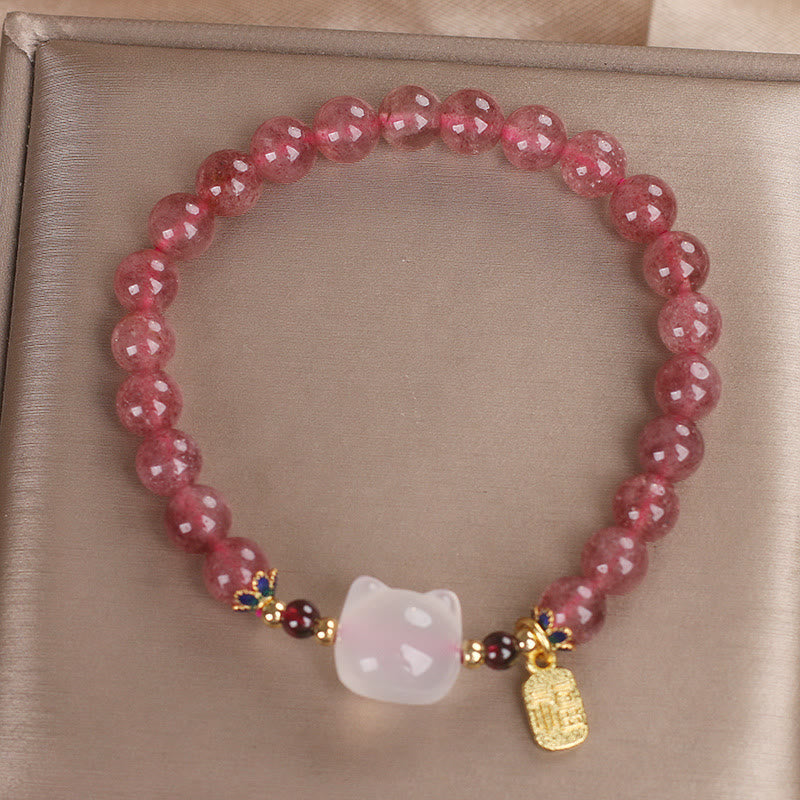 Wear FengShui Strawberry Quartz White Jade Cat Fu Character Healing Bracelet