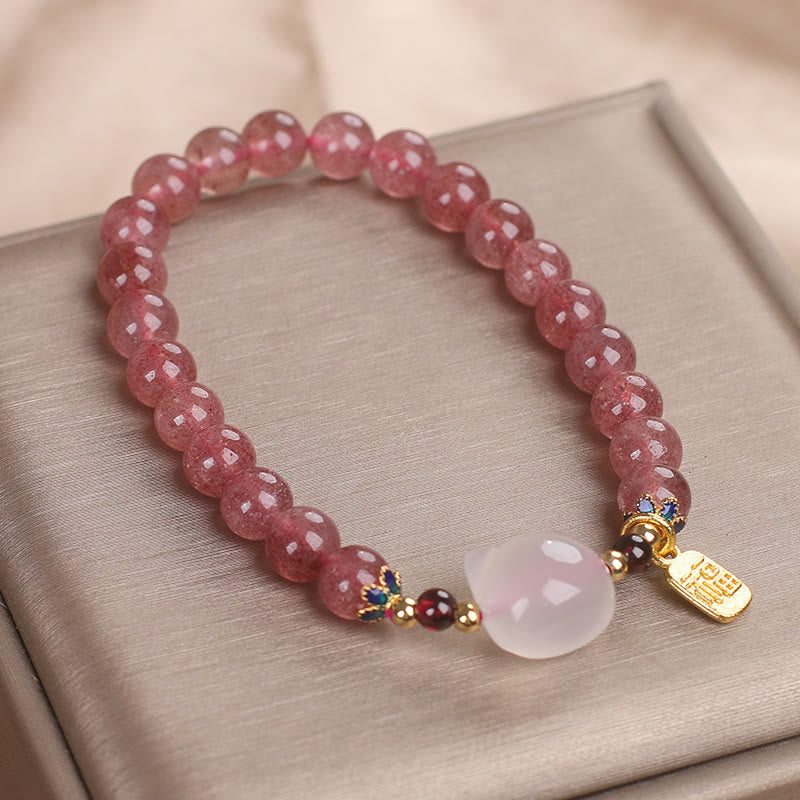 Wear FengShui Strawberry Quartz White Jade Cat Fu Character Healing Bracelet