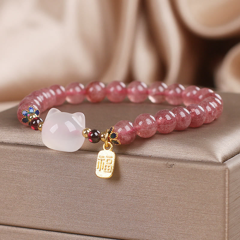 Wear FengShui Strawberry Quartz White Jade Cat Fu Character Healing Bracelet