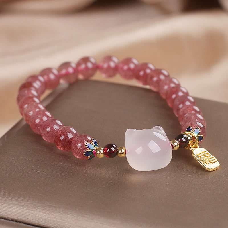 Wear FengShui Strawberry Quartz White Jade Cat Fu Character Healing Bracelet