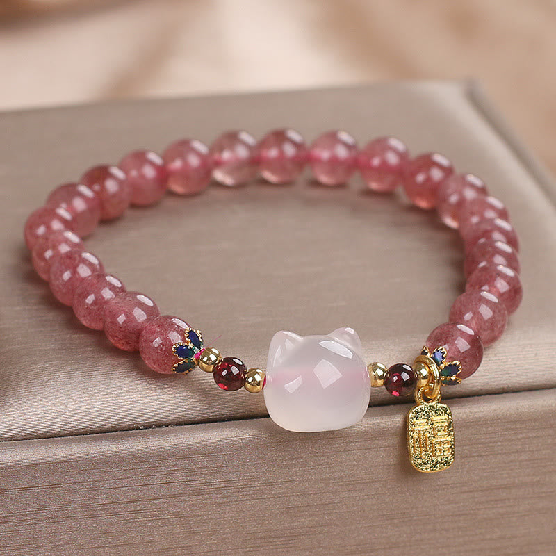 Wear FengShui Strawberry Quartz White Jade Cat Fu Character Healing Bracelet
