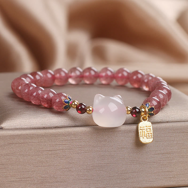 Wear FengShui Strawberry Quartz White Jade Cat Fu Character Healing Bracelet