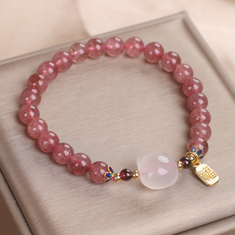 Wear FengShui Strawberry Quartz White Jade Cat Fu Character Healing Bracelet