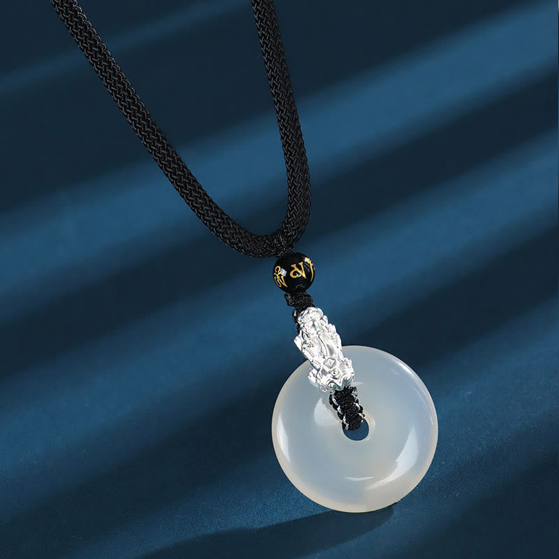 Wear FengShui White Agate 999 Sterling Silver Black Onyx Green Sandalwood Pi Xiu Peace Buckle Six True Words Necklace Pendant