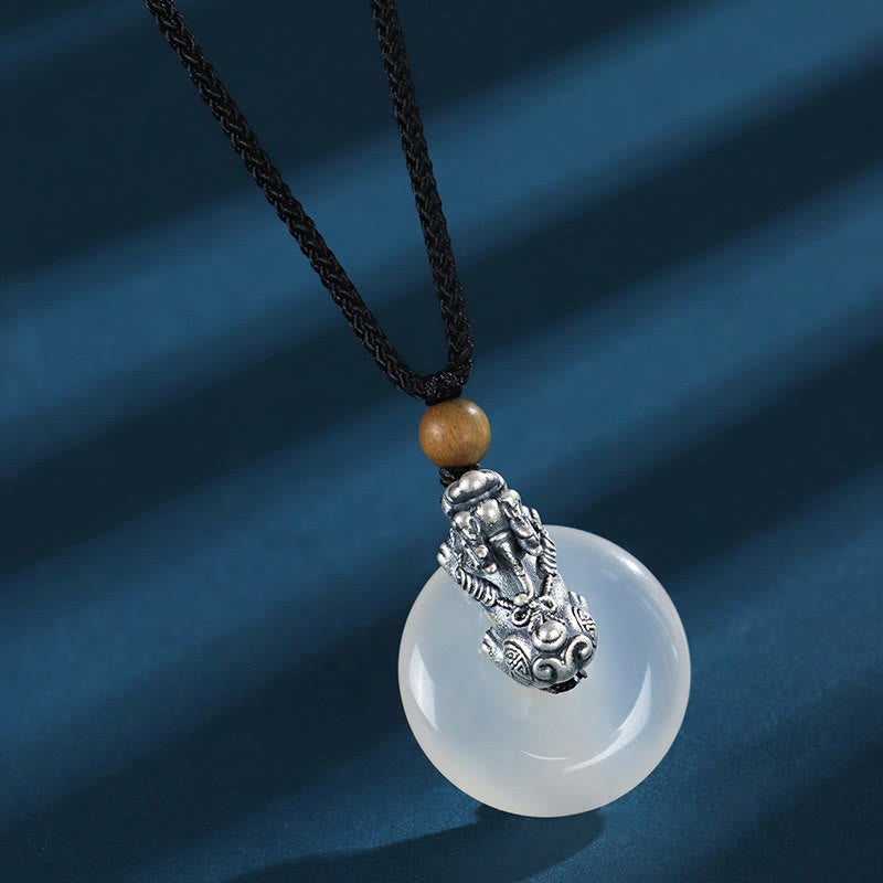 Wear FengShui White Agate 999 Sterling Silver Black Onyx Green Sandalwood Pi Xiu Peace Buckle Six True Words Necklace Pendant