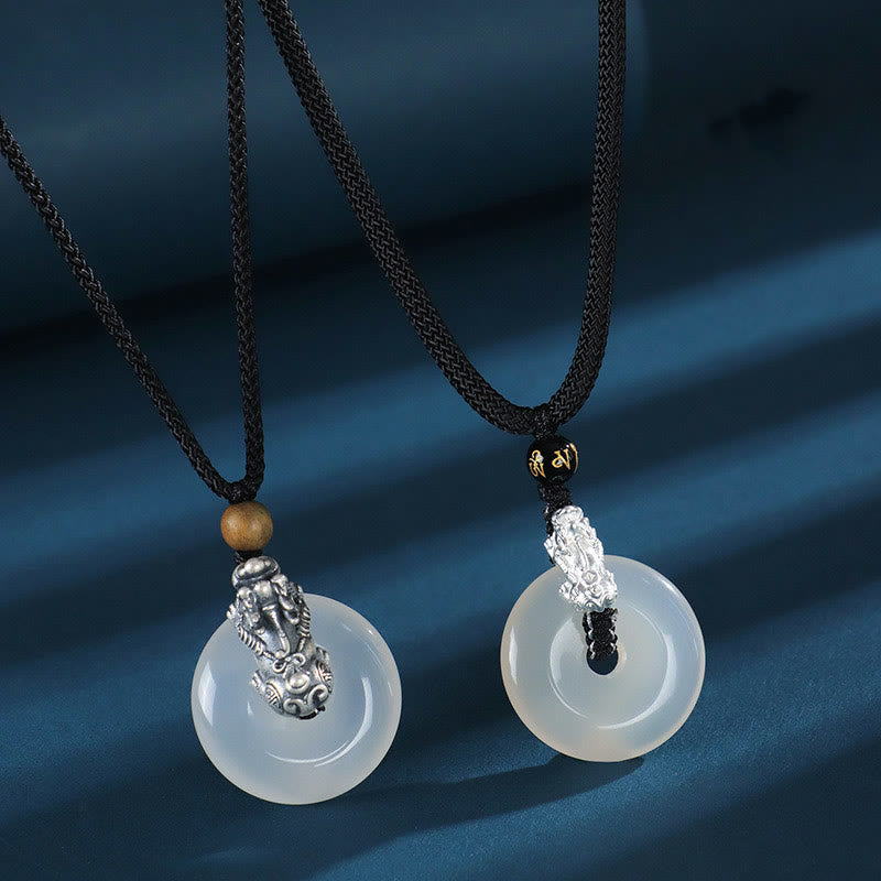 Wear FengShui White Agate 999 Sterling Silver Black Onyx Green Sandalwood Pi Xiu Peace Buckle Six True Words Necklace Pendant