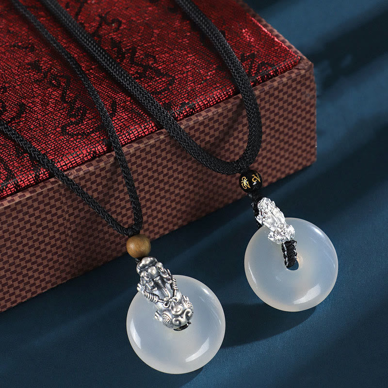 Wear FengShui White Agate 999 Sterling Silver Black Onyx Green Sandalwood Pi Xiu Peace Buckle Six True Words Necklace Pendant