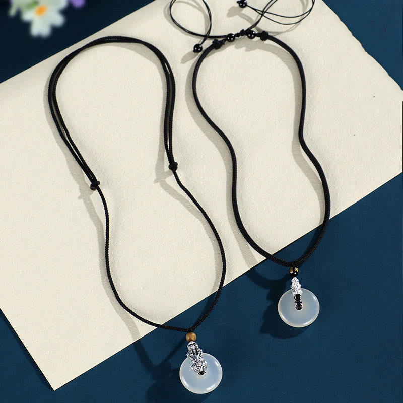 Wear FengShui White Agate 999 Sterling Silver Black Onyx Green Sandalwood Pi Xiu Peace Buckle Six True Words Necklace Pendant