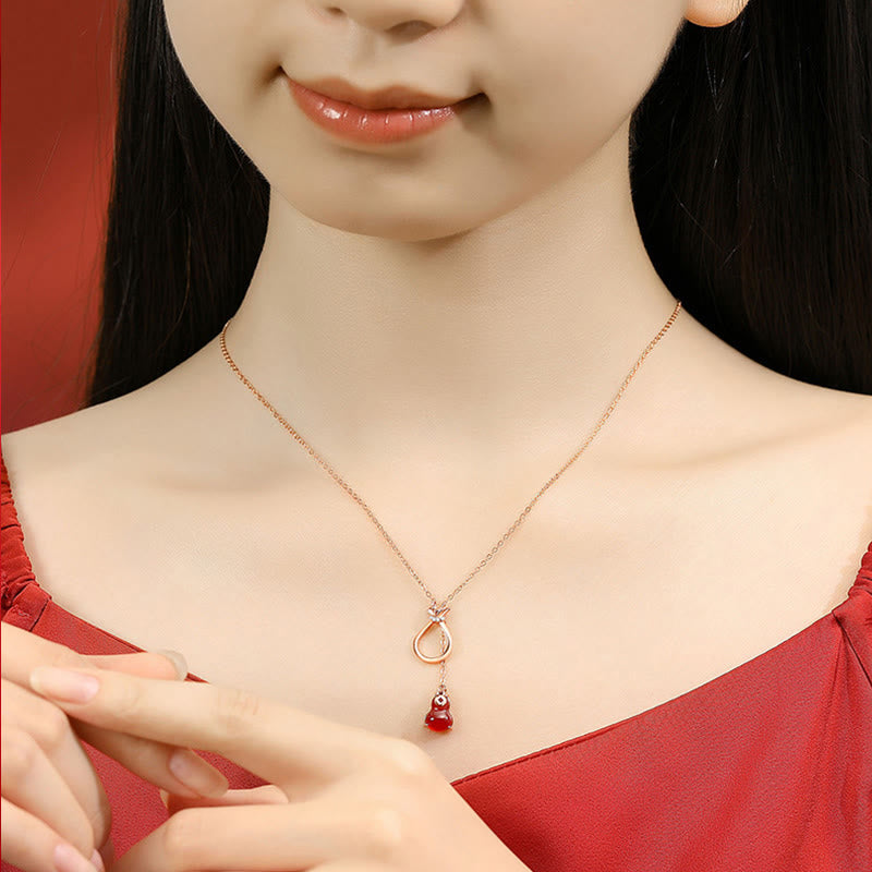 Wear FengShui Red Agate Chalcedony 925 Sterling Silver Gourd Lucky Bag Confidence Necklace Pendant