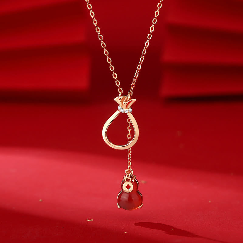 Wear FengShui Red Agate Chalcedony 925 Sterling Silver Gourd Lucky Bag Confidence Necklace Pendant