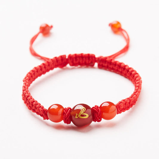 Wear FengShui Natural Red Agate Chinese Zodiac Red String Braided Protection Luck Bracelet