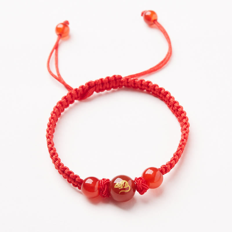 Wear FengShui Natural Red Agate Chinese Zodiac Red String Braided Protection Luck Bracelet