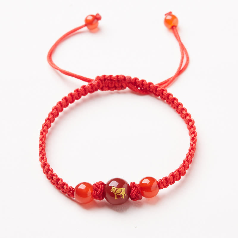 Wear FengShui Natural Red Agate Chinese Zodiac Red String Braided Protection Luck Bracelet