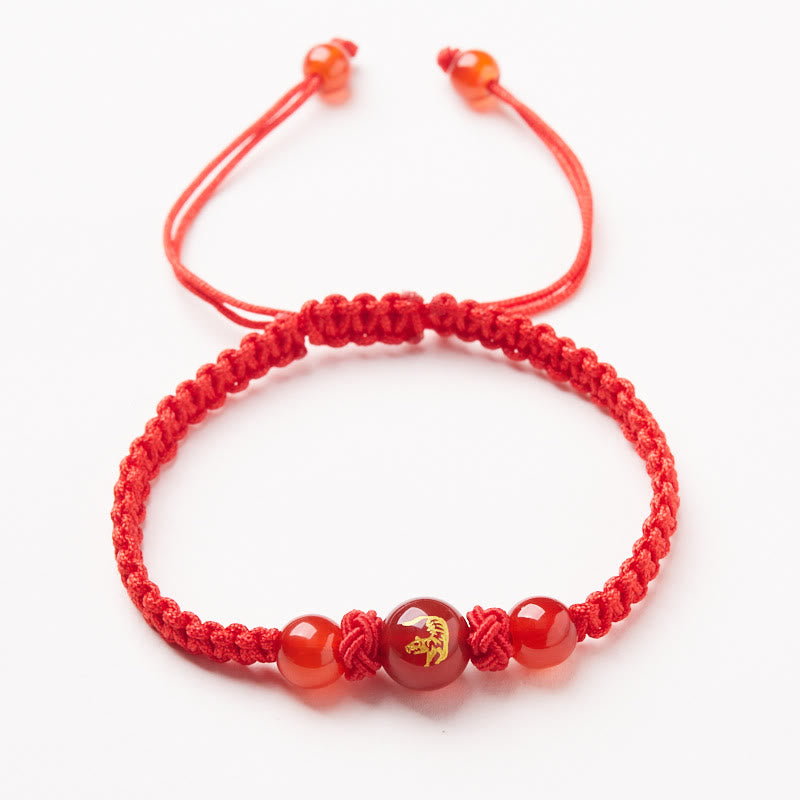 Wear FengShui Natural Red Agate Chinese Zodiac Red String Braided Protection Luck Bracelet