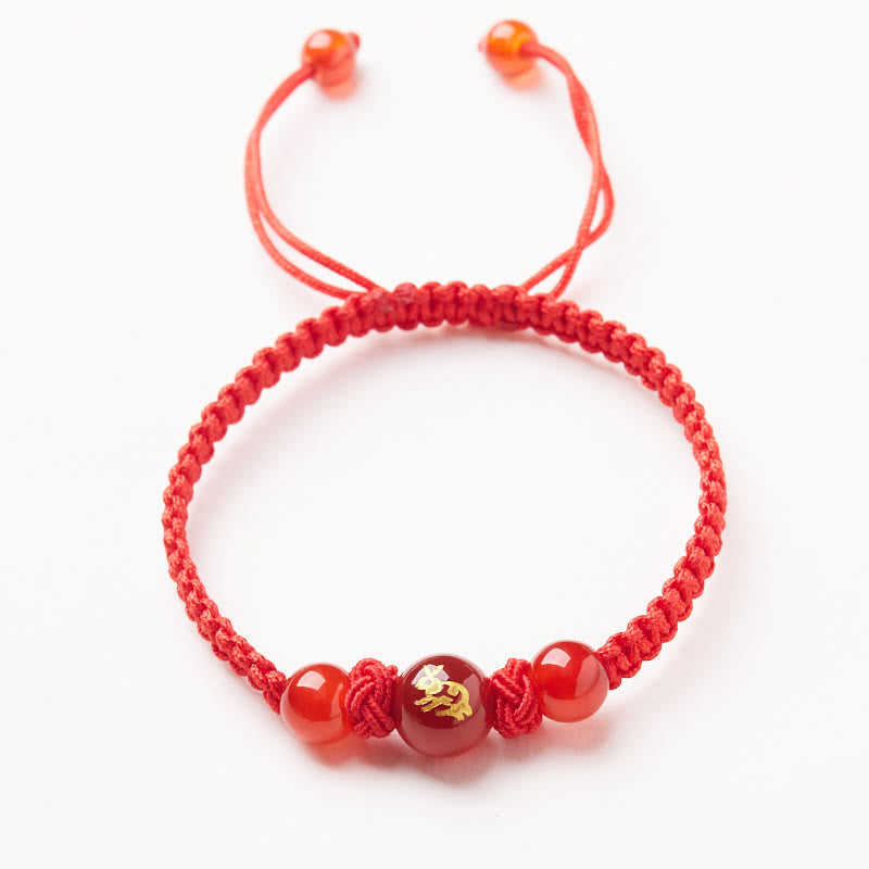 Wear FengShui Natural Red Agate Chinese Zodiac Red String Braided Protection Luck Bracelet