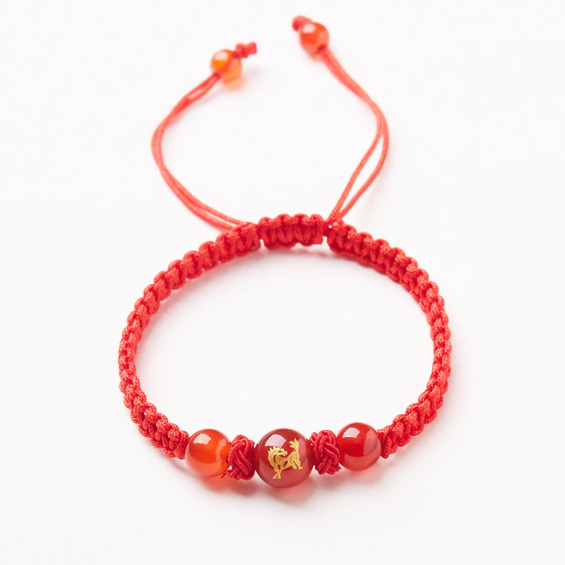 Wear FengShui Natural Red Agate Chinese Zodiac Red String Braided Protection Luck Bracelet