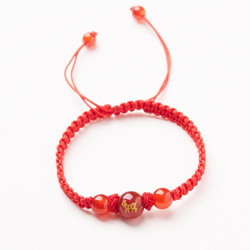 Wear FengShui Natural Red Agate Chinese Zodiac Red String Braided Protection Luck Bracelet