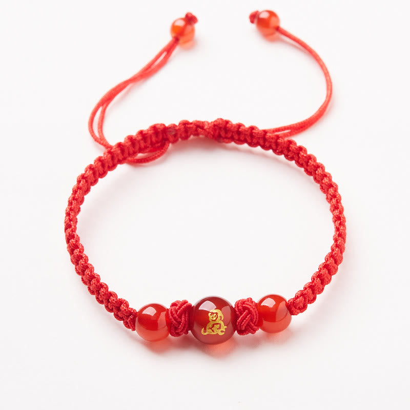 Wear FengShui Natural Red Agate Chinese Zodiac Red String Braided Protection Luck Bracelet
