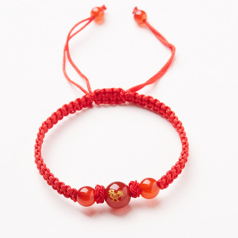 Wear FengShui Natural Red Agate Chinese Zodiac Red String Braided Protection Luck Bracelet