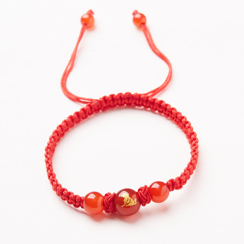 Wear FengShui Natural Red Agate Chinese Zodiac Red String Braided Protection Luck Bracelet