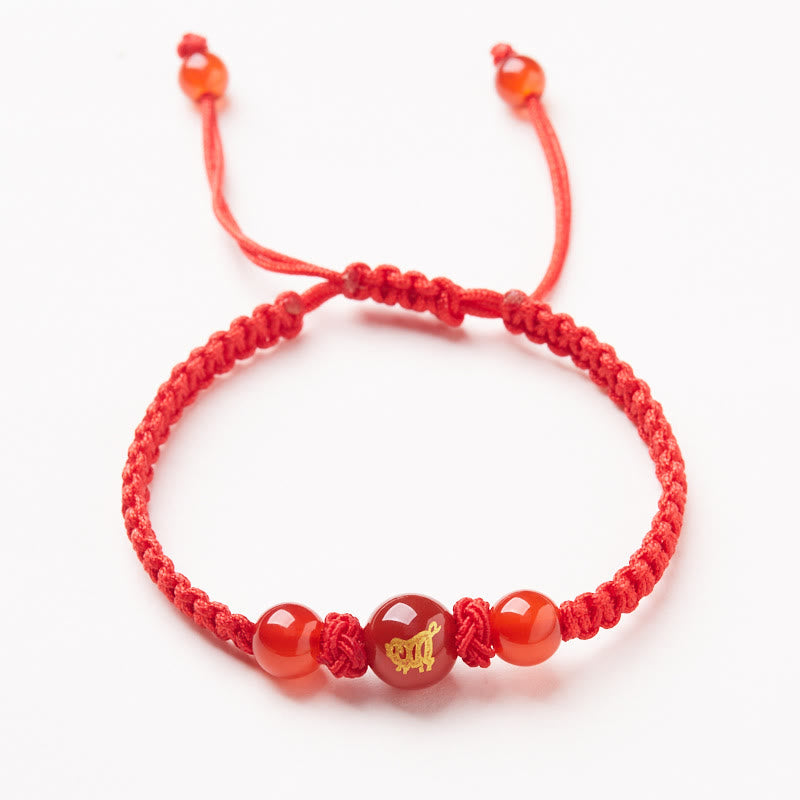 Wear FengShui Natural Red Agate Chinese Zodiac Red String Braided Protection Luck Bracelet