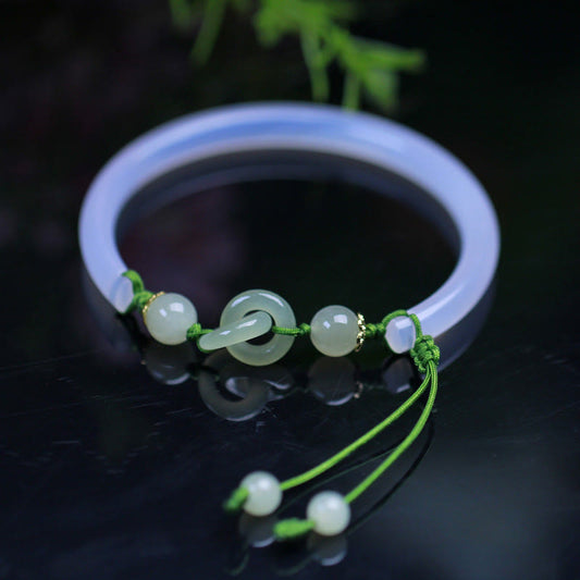 Wear FengShui Natural White Agate Hetian Jade Beads Interlocking Positive Bracelet Bangle