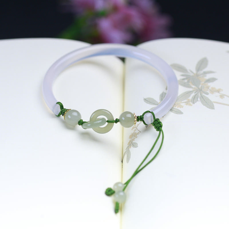 Wear FengShui Natural White Agate Hetian Jade Beads Interlocking Positive Bracelet Bangle