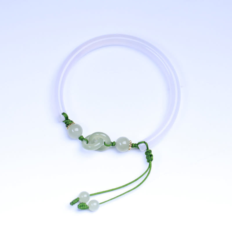 Wear FengShui Natural White Agate Hetian Jade Beads Interlocking Positive Bracelet Bangle