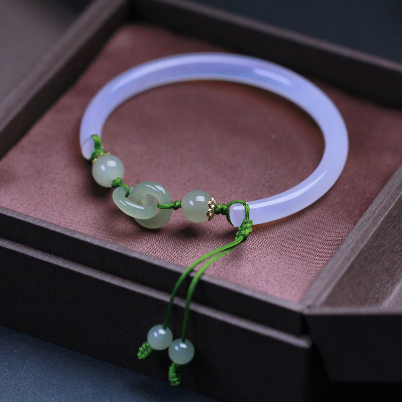 Wear FengShui Natural White Agate Hetian Jade Beads Interlocking Positive Bracelet Bangle