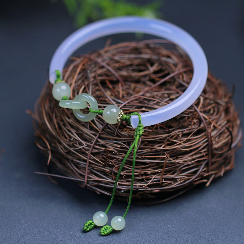 Wear FengShui Natural White Agate Hetian Jade Beads Interlocking Positive Bracelet Bangle