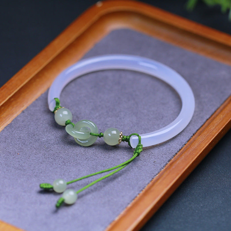Wear FengShui Natural White Agate Hetian Jade Beads Interlocking Positive Bracelet Bangle