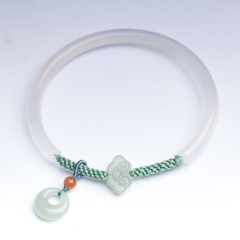 Wear FengShui Natural White Agate Hetian Jade Peace Buckle Auspicious Clouds Positive Bracelet Bangle