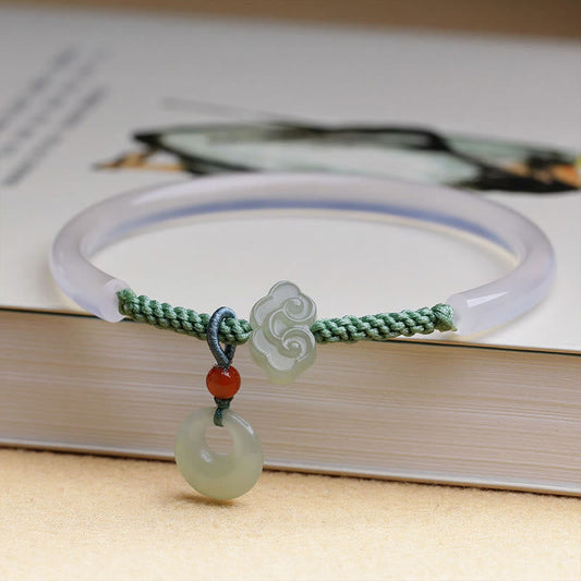 Wear FengShui Natural White Agate Hetian Jade Peace Buckle Auspicious Clouds Positive Bracelet Bangle