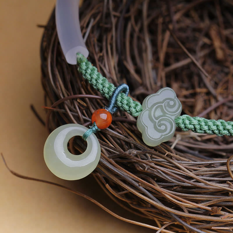 Wear FengShui Natural White Agate Hetian Jade Peace Buckle Auspicious Clouds Positive Bracelet Bangle