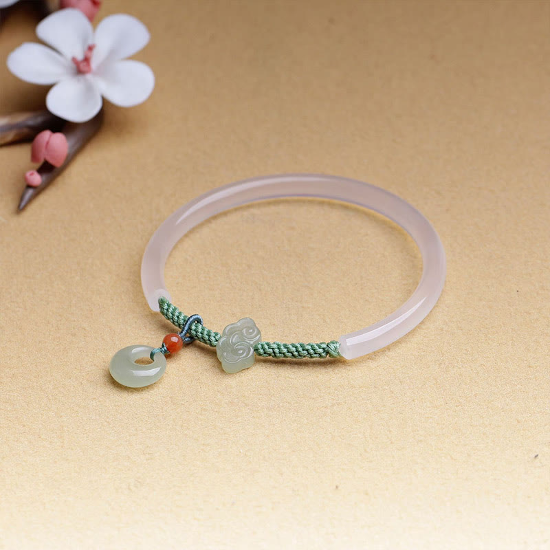 Wear FengShui Natural White Agate Hetian Jade Peace Buckle Auspicious Clouds Positive Bracelet Bangle