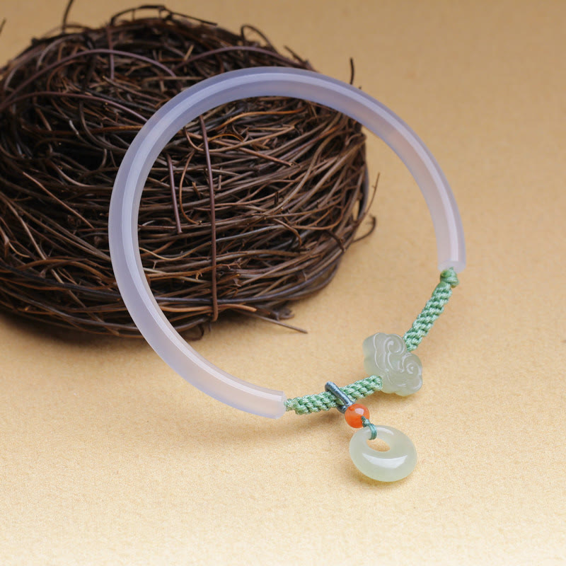 Wear FengShui Natural White Agate Hetian Jade Peace Buckle Auspicious Clouds Positive Bracelet Bangle