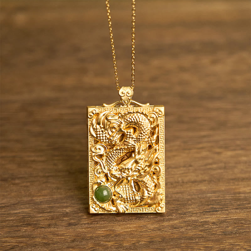 Wear FengShui Dragon Gold Plated Copper Hetian Jade Strength Necklace Pendant