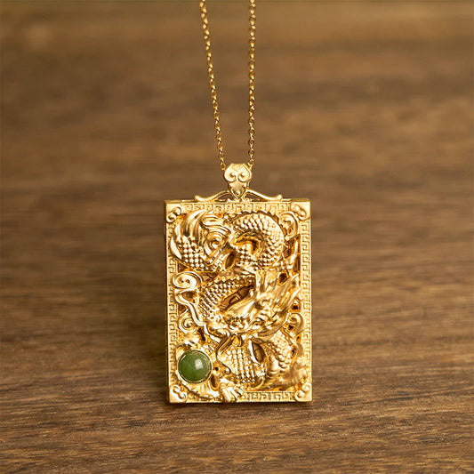 Wear FengShui Dragon Gold Plated Copper Hetian Jade Strength Necklace Pendant